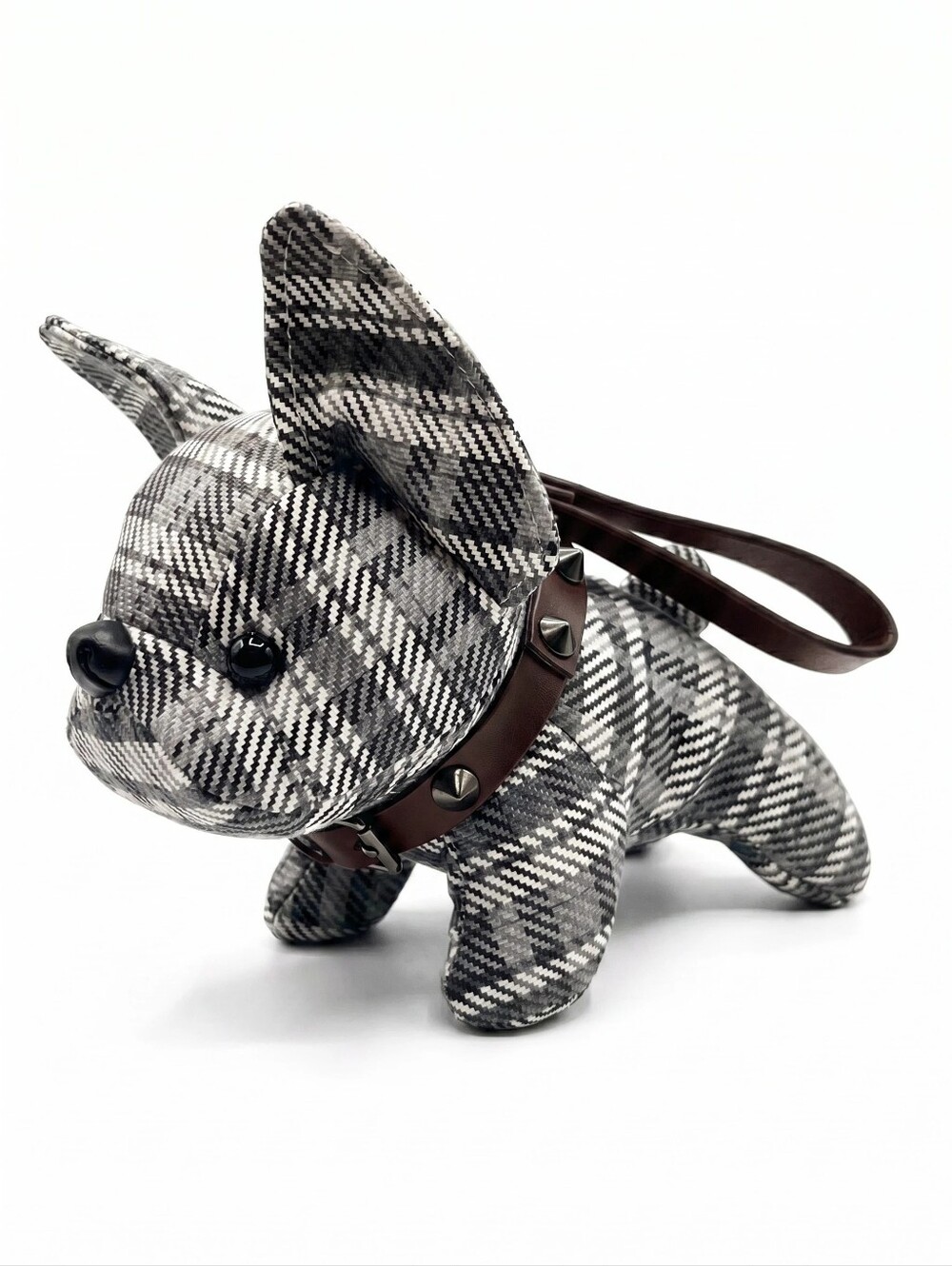 French Bull Dog Black Or Plaid Faux Leather Bag Charm - Picture 3 of 4